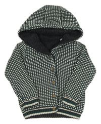 Petrolejovo-bílo-tmavošedý vzorovaný pletený propínací zateplený svetr s kapucí M&S