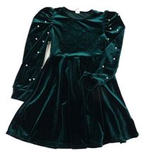 Smaragdové sametové šaty s perlami SHEIN