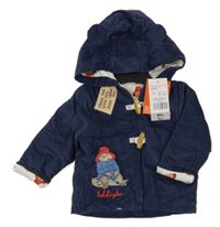 Nové - tmavomodrá manšestrová zateplená bunda s medvídkem Paddington a kapucí s oušky 