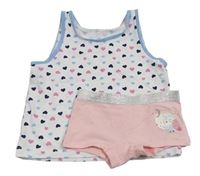 2set - Bílá košilka se srdíčky + světlerůžové kalhotky se sovou