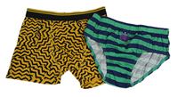 2set - Tmavomodro-zelené pruhované slipy s příšerkou + okrovo-černé vzorované boxerky