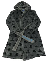 Tmavošedý chlupatý župan s logy PlayStation a kapucí