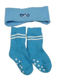 2set - Modré ponožky s pruhy + modrá čelenka s motorkou