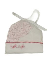 Nové - 2set - Bílá puntíkatá bavlněná čepice s výšivkami květin + bílé ponožky