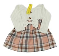 Nové - Smetanovo-růžovo-šedé šaty s kostkovanou sukní a mašlí Shein