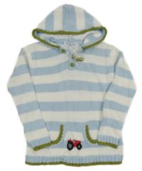 Nové - Světlemodro-bílý pruhovaný svetr s traktorem a kapucí