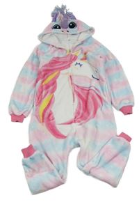 Růžovo-světlemodrá chlupatá kombinéza s jednorožcem a kapucí
