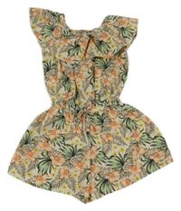 Béžový květovaný lehký kraťasový overal s listy a volánem Name it