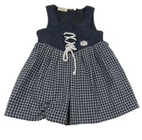 Tmavomodro-kostkované lněné šaty s květinou C&A