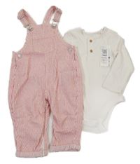 Nové - 2 set - Bílé pruhované body + červeno-bílé pruhované laclové kalhoty M&S