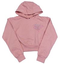 Světlerůžová crop mikina s nápisy a kapucí 