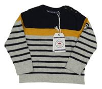 Nové - Šedo-tmavomodro-okrový pruhovaný lehký svetr 