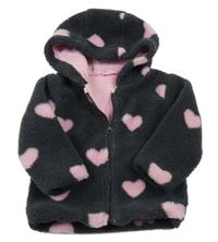 Tmavošedo-růžová huňatá podšitá propínací mikina se srdíčky a kapucí dunnes