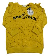 Nové - hořčicová puntíkatá mikina s nápisem a volánky Pep&Co