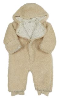 Světlebéžová huňatá podšitá kombinéza s kapucí 