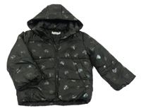 Černá šusťáková prošívaná zimní bunda se srdíčky a kapucí H&M