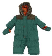 Zeleno-hnědá šusťákovo/manšestrová zimní kombinéza s kapucí + rukavice Miniclub