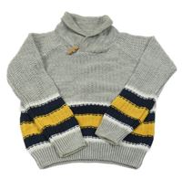 Šedo-bílo-tmavomodro-hořčicový svetr s límečkem Lupilu