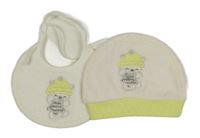 2set - Bílo-zelená sametová čepice s medvídkem + bryndák 