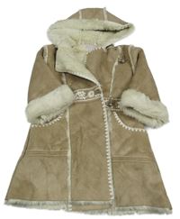 Béžový semišový zateplený kabát s výšivkami a kapucí Monsoon