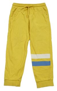 Žluto-bílo-modré tepláky s pruhy 