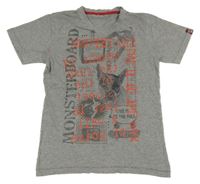 Šedo-červené tričko s nápisy a obrázky 