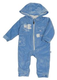 Světlemodrá žebrovaná sametová zateplená kombinéza s medvídkem a kapucí 