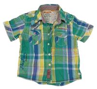 Zeleno-modro-žlutá kostkovaná košile s nápisy 