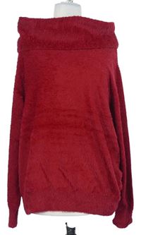 Dámský červený chlupatý svetr s komínovým límcem