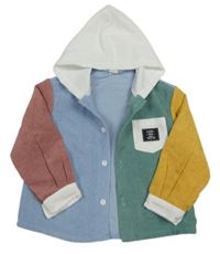 Modro-zeleno-růžovo-žlutá manšestrová košilová bunda s nášivkou a kapucí zn. Shein