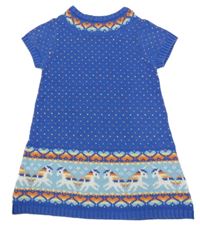 Modré puntíkaté pletené šaty se vzorem a koníky 