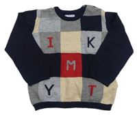 Tmavomodro-šedo-béžový kostkovaný vlněný svetr s písmeny Mayoral