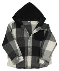 Černo-šedo-černá kostkovaná košilová bunda s kapucí Shein