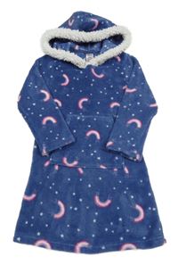 Tmavomodré chlupaté šaty s duhami a kapucí 