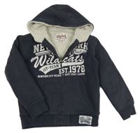 Tmavomodrý propínací zateplený svetr s nápisem a kapucí Rebel