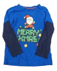 Modro-tmavomodré vánoční triko se Santou M&Co