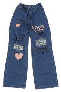 Modré široké rilfe s potiskem a dírami Shein