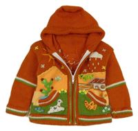 Rezavý propínací svetr se zvířátky s kapucí 