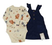 Nové - 2set - Tmavomodré manšestrové šaty + smetanové body se zvířátky M&S