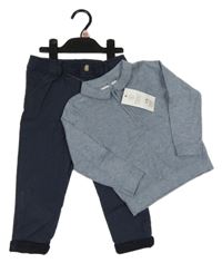 Nové - 2set - Tmavomodré vzorované plátěné kalhoty + modrošedý svetr F&F