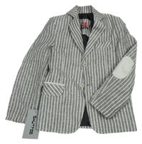 Nové - Šedo-bílé pruhované společenské lněné sako 