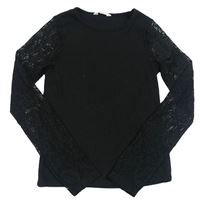 Černé žebrované crop triko s krajkovými rukávy Candy Couture