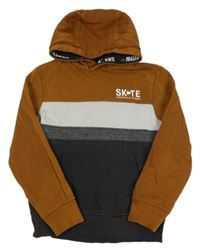 Hnědo-bílo-antracitovo-tmavošedá mikina s nápisem a kapsou a kapucí C&A