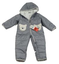 Nové - šedá melírovaná prošívaná šusťáková zimní kombinéza s medvídky/kapsami a kapucí carter's