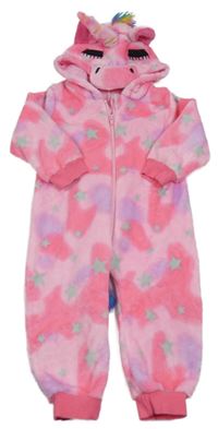Růžovo-křiklavě růžovo-fialová plyšová kombinéza s hvězdičkami a kapucí - jednorožec 