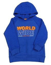 Safírová teplá mikina s nápisy a prošívanými rukávy a kapucí St. Bernard