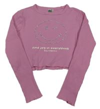 Růžové žebrované crop triko se smajlíkem z kamínků a nápisy