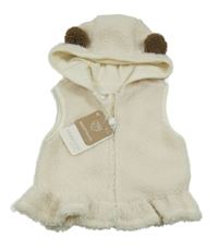 Nové - smetanová huňatá podšitá vesta s kapucí s oušky mayoral