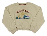 Smetanová žebrovaná plyšová oversize crop mikina s horami a lesem a nápisem PRIMARK