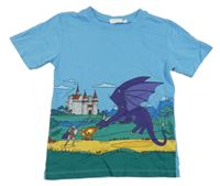 Modro-zelené tričko s drakem a rytířem a zámkem Zab Kids